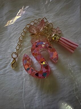 Pink Confetti S Letter Keychain Charm with Tassel and Butterfly